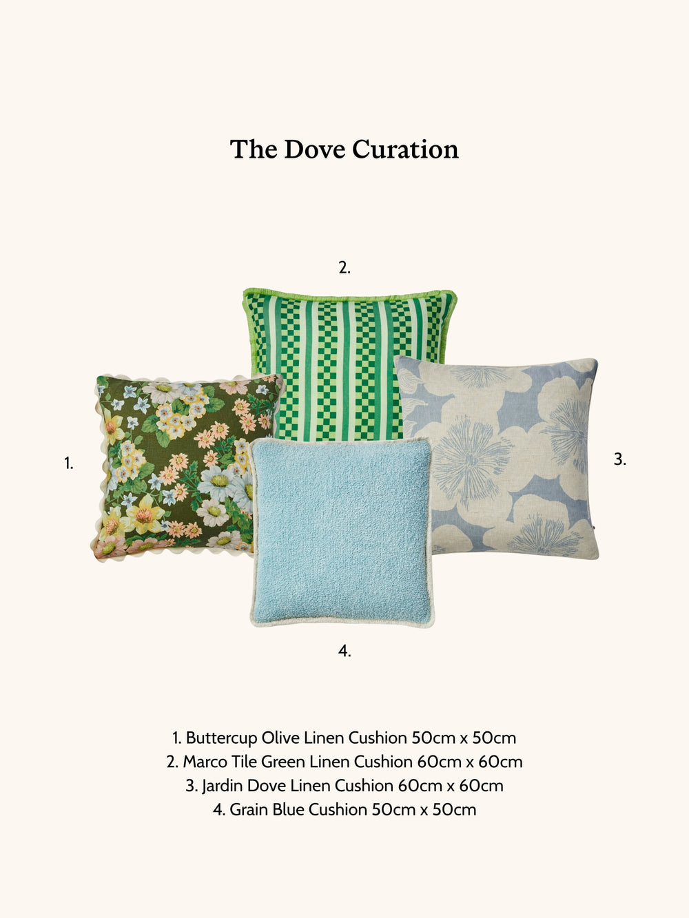 Four blue and green cushions with different patterns and sizes on a white background.