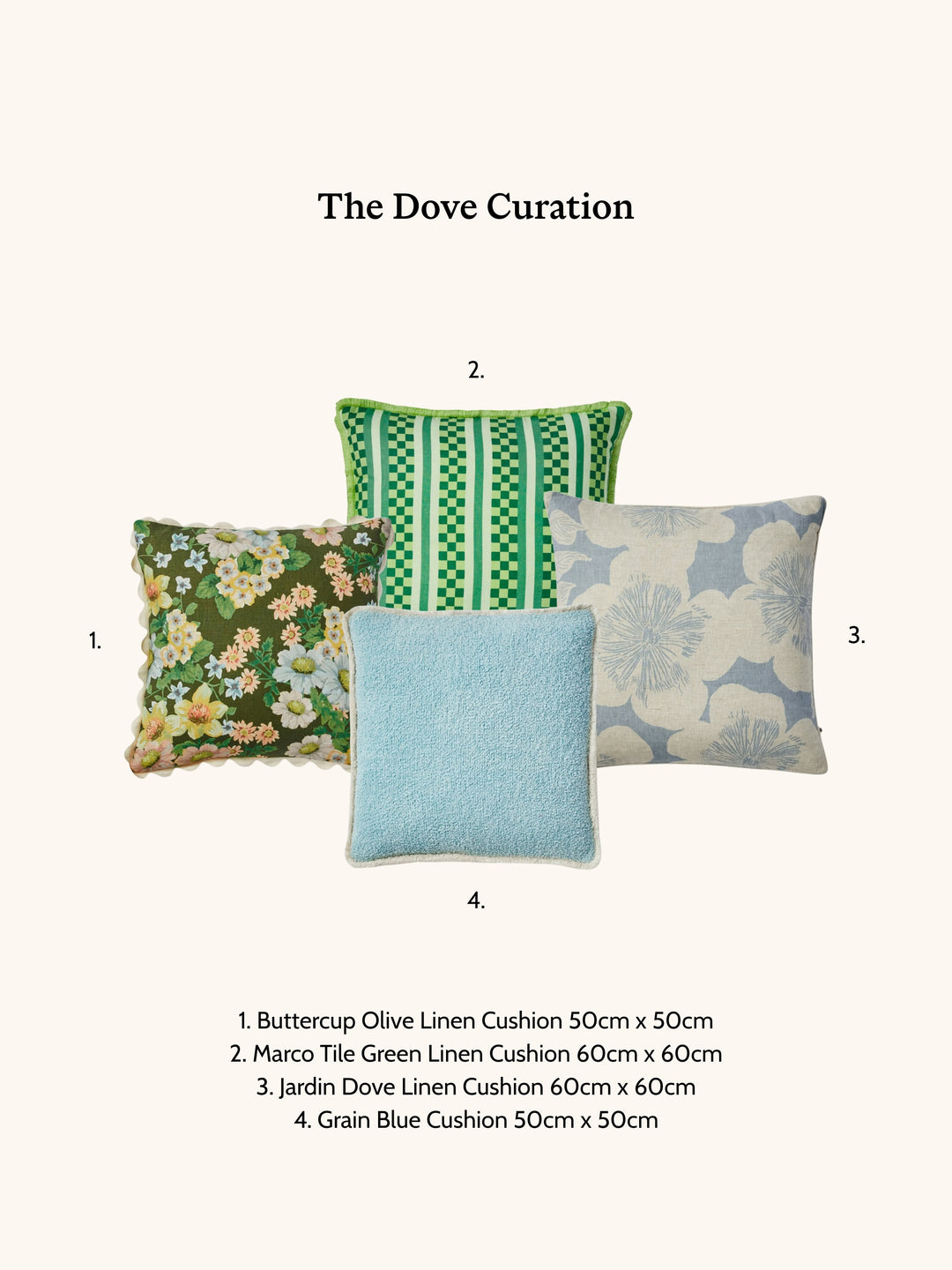 Four blue and green cushions with different patterns and sizes on a white background.