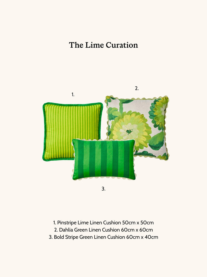Three green cushions with different patterns on a white background
