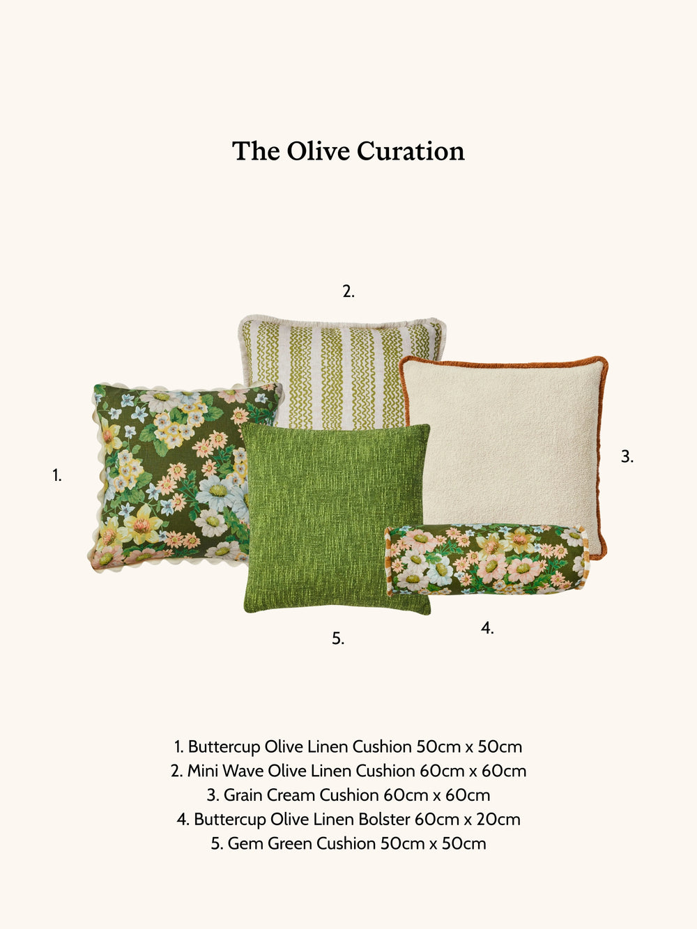 Collection of olive-themed cushions on a white background