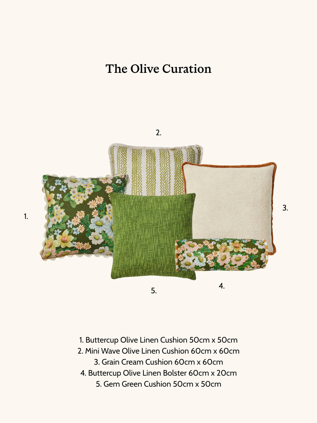 Collection of olive-themed cushions on a white background