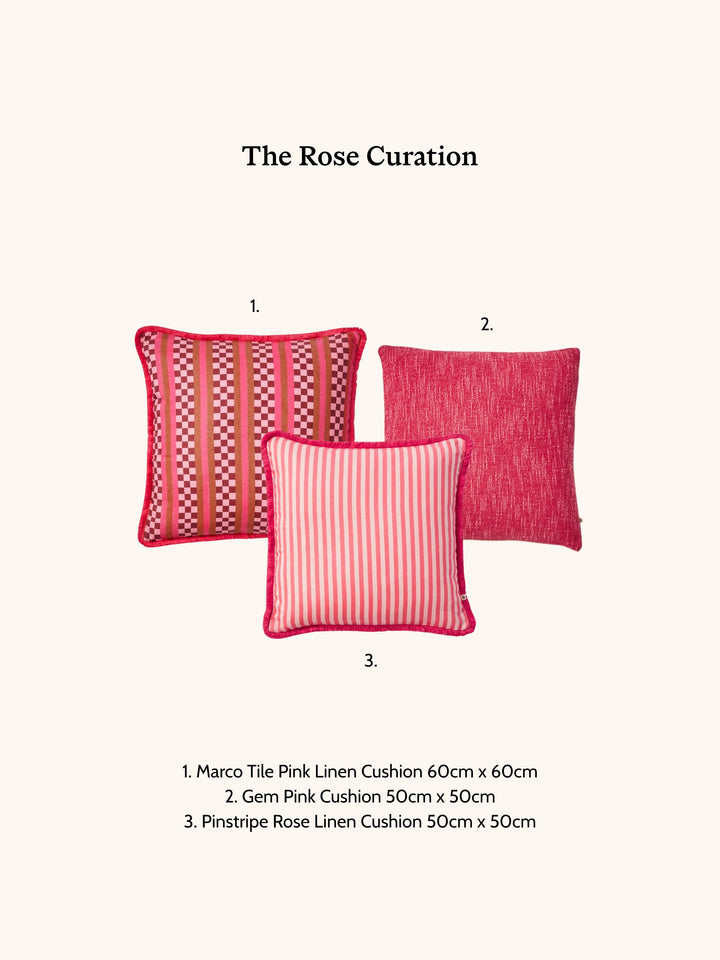 Three pink cushions with text describing each cushion on a white background.