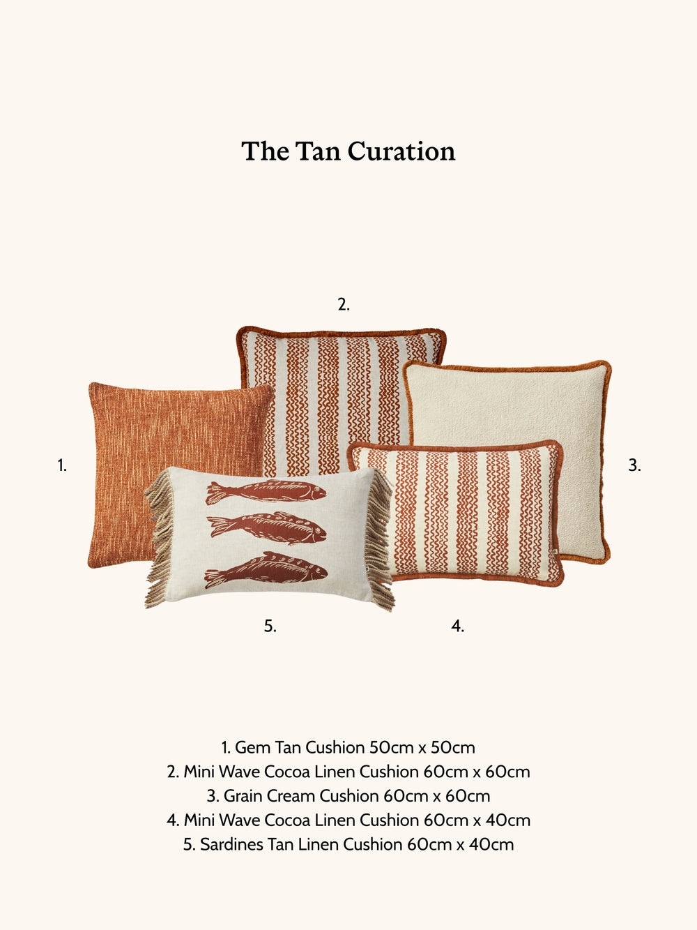 Collection of neutral coloured cushions with sizes and descriptions on a white background