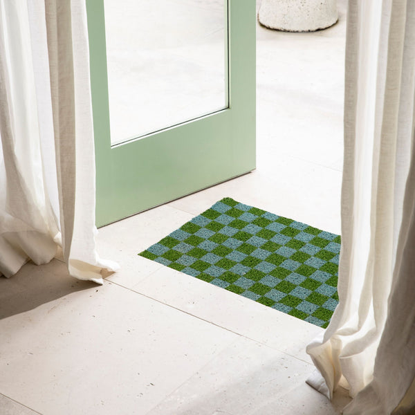 Checkers Blue Green Door Mat